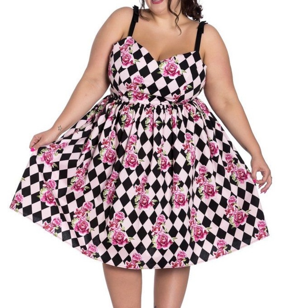 Hell Bunny Pink & Black Harlequin Rose 1950’s Pinup Swing Dress 4X UK22 fits 3X - Picture 11 of 15